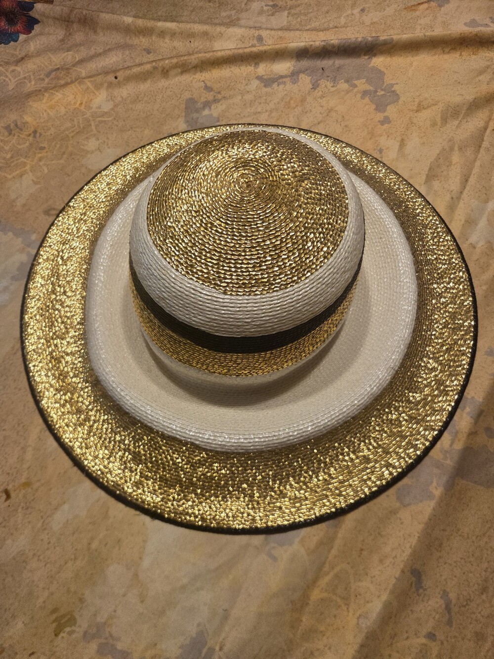 Vintage FRANK OLIVE Stylish Gold & White Straw Sun Hat with Black Band - Picture 2 of 7